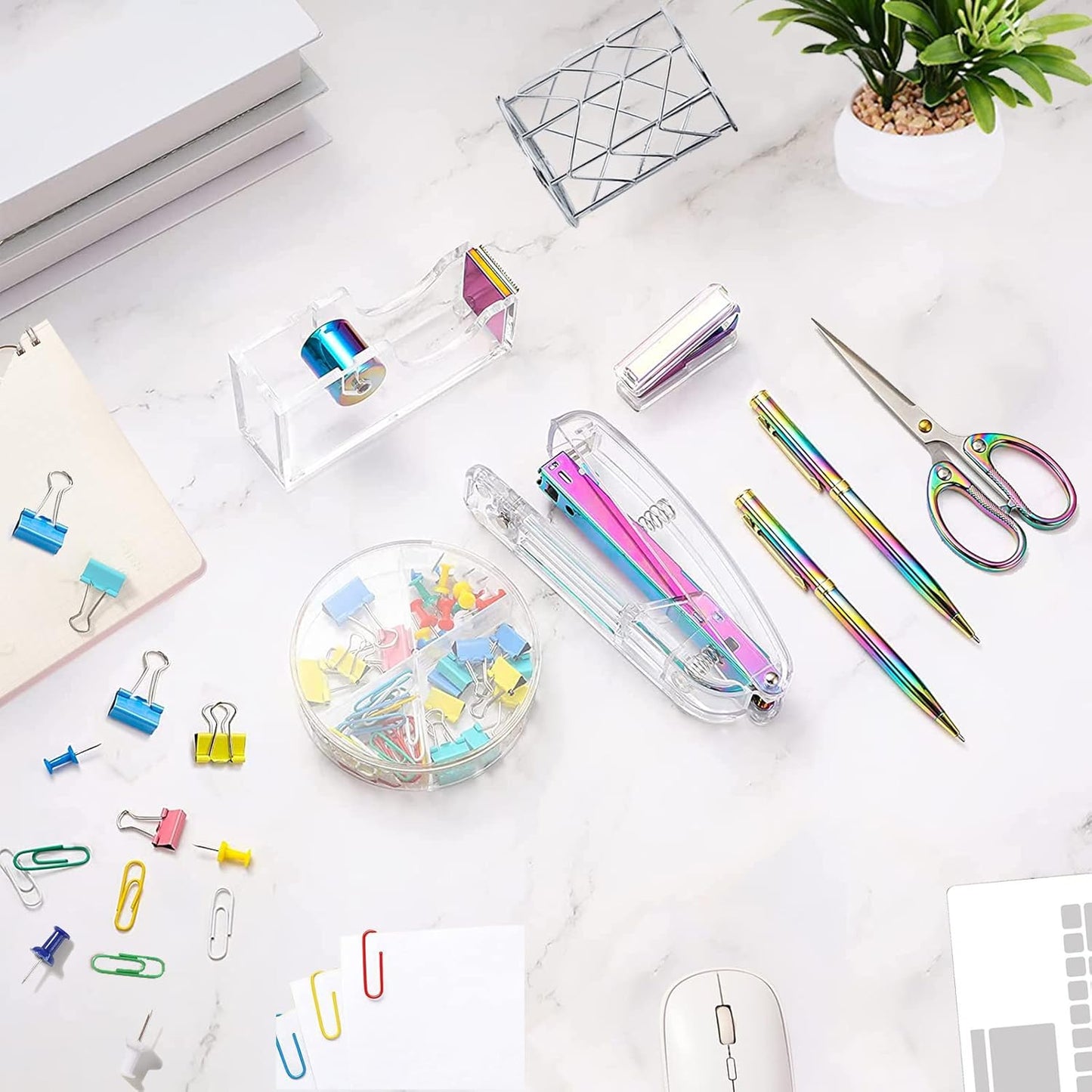 Famassi Rose Gold Desk Accessories，Office Supplies Set Acrylic Stapler Set Staple Remover, Tape Holder, 2 Ballpoint Pen, Scissor, Binder/Paper Clips and 1000pcs Staples.