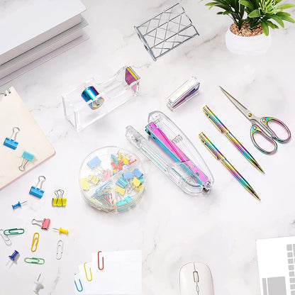 Famassi Rose Gold Desk Accessories，Office Supplies Set Acrylic Stapler Set Staple Remover, Tape Holder, 2 Ballpoint Pen, Scissor, Binder/Paper Clips and 1000pcs Staples.