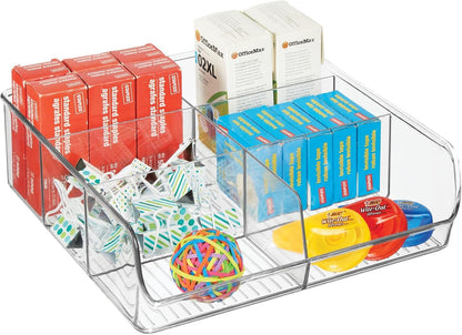mDesign Plastic Home Office Wide Bin Organizer with 6 Compartments for Cabinets, Closets, Drawers, Desks, Tables, Workspace - Staple, Notepad, Paperclip Holder - Ligne Collection - 2 Pack - Clear