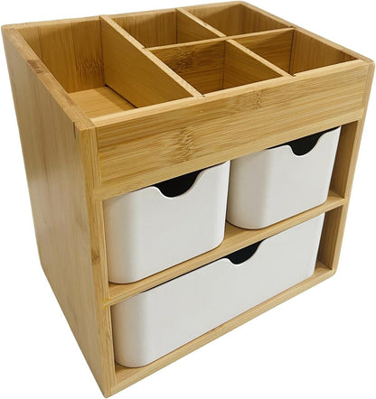 Bamboo Makeup Organizer Jewelry Box, Bamboo Desk organizer with 3 drawers and adjustable dividers, 3 Tier Jewelry Storage Case, Desktop Organization Storage
