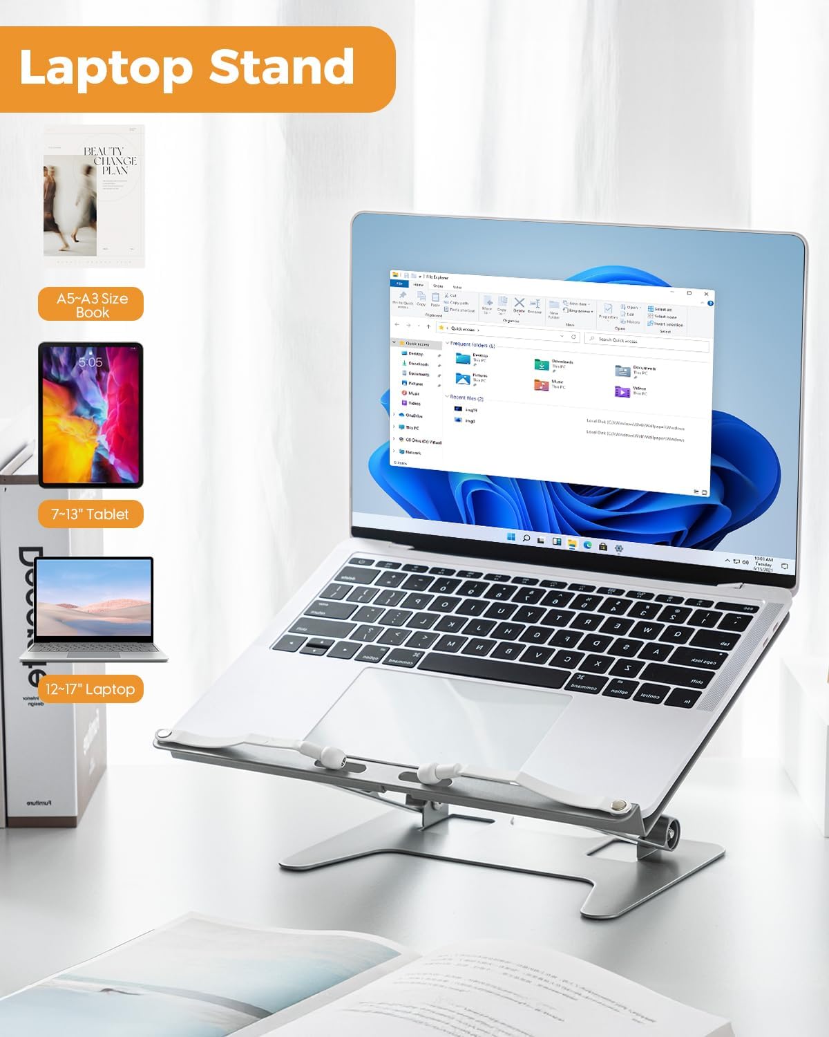 Honagu Adjustable Laptop Stand for Desk, Metal Foldable Laptop Riser, Portable Desktop Book Stand Holder, Ergonominc Computer Notebook Stand Compatible with 10-15.6” Laptops (Silver)