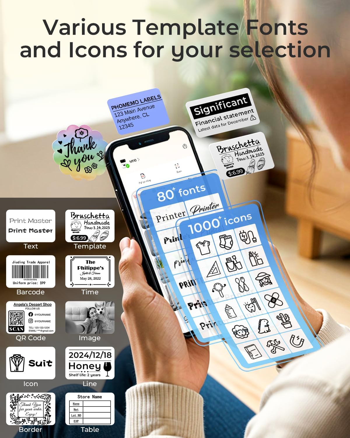 Phomemo M110 Label Makers - Barcode Label Printer Bluetooth Label Maker Portable Thermal Printer for Small Business, Address, Barcode, Logo, Clothing, Mailing, Sticker Printers for Phone & PC, Black
