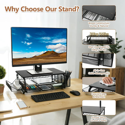 Desk Organizers and Accessories Monitor Riser, Monitor Stand with Drawer (2-Tier Drawers) with Large Side Storage Rack & Cable Management,66LBS/30KG, Office Organization, Walnut Brown