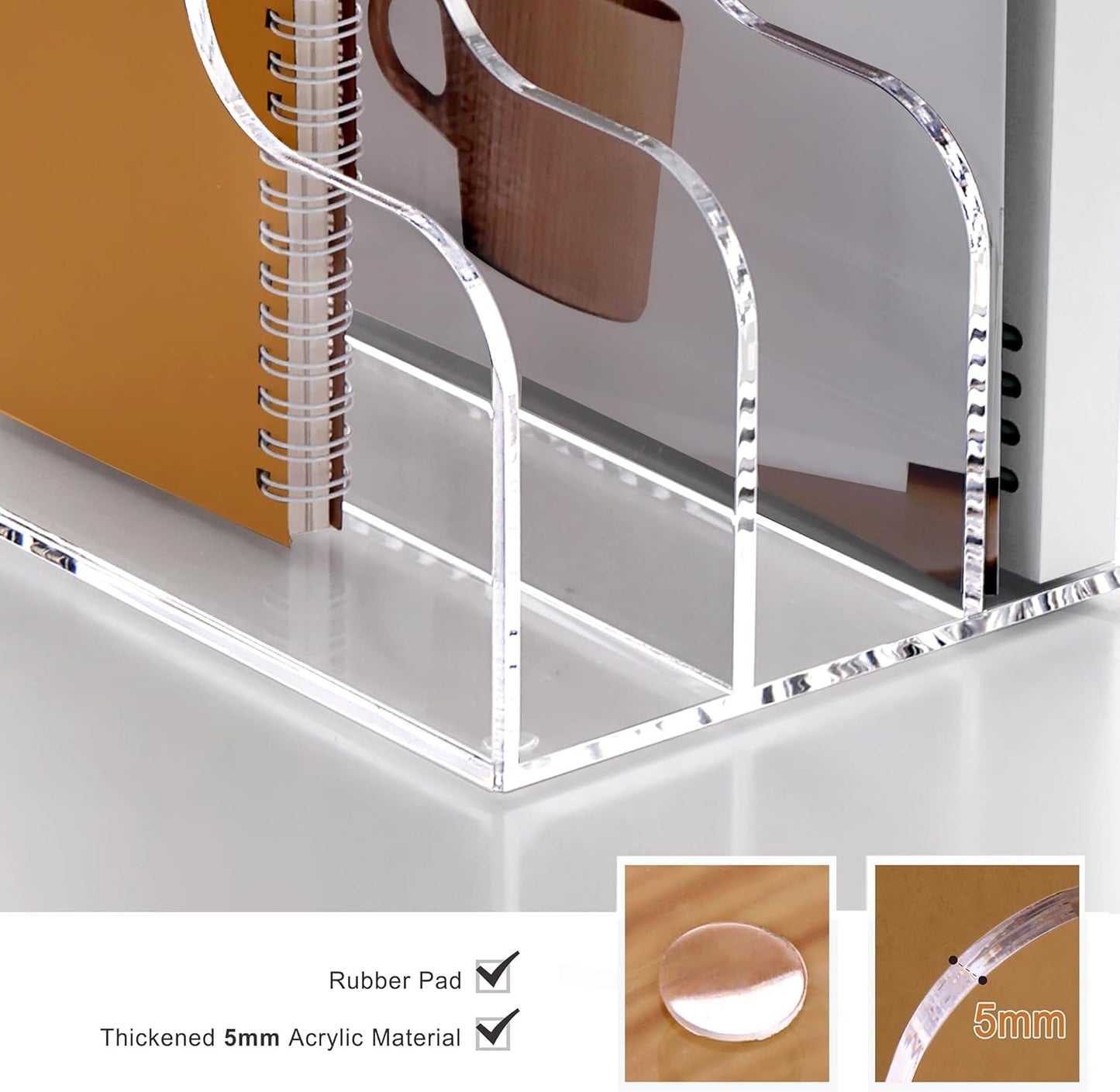 SANRUI Acrylic Magazine Holder Desk Organizer Workspace Sorters，Clear Bookend File Sorter Holder，Folder Rack, Office Accessories Organization Storage with 3 Vertical Compartments