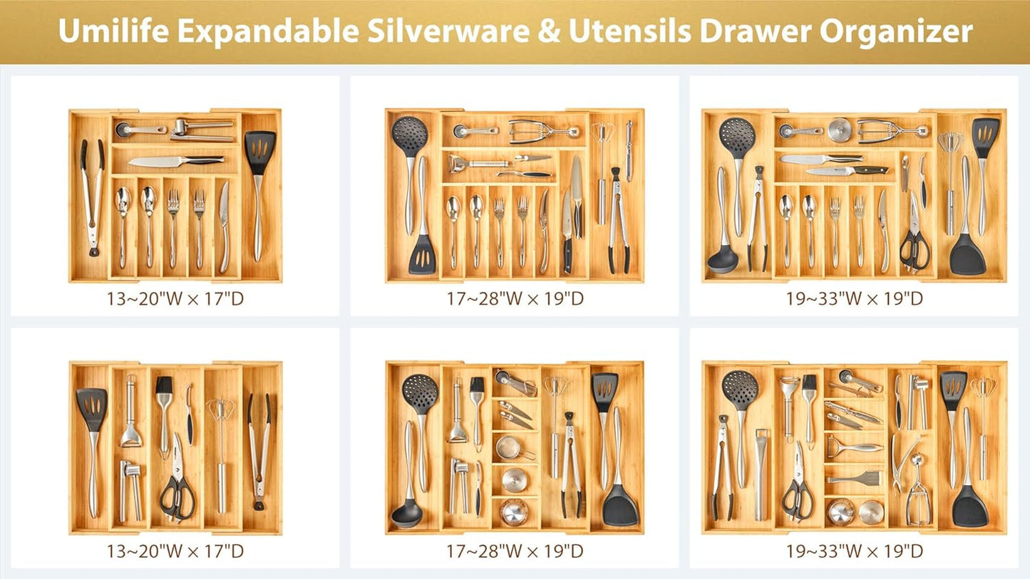 Umilife Expandable Kitchen Drawer Organizer, 2.5" High Bamboo Utensils Silverware Tray, Adjustable Large Deep Wood Organization Holder
