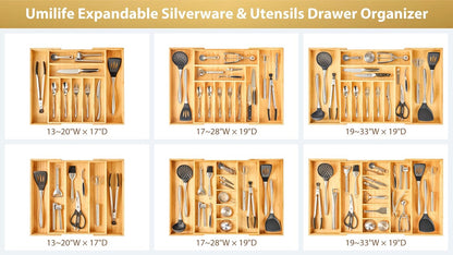 Umilife Expandable Kitchen Drawer Organizer, 2.5" High Bamboo Utensils Silverware Tray, Adjustable Large Deep Wood Organization Holder