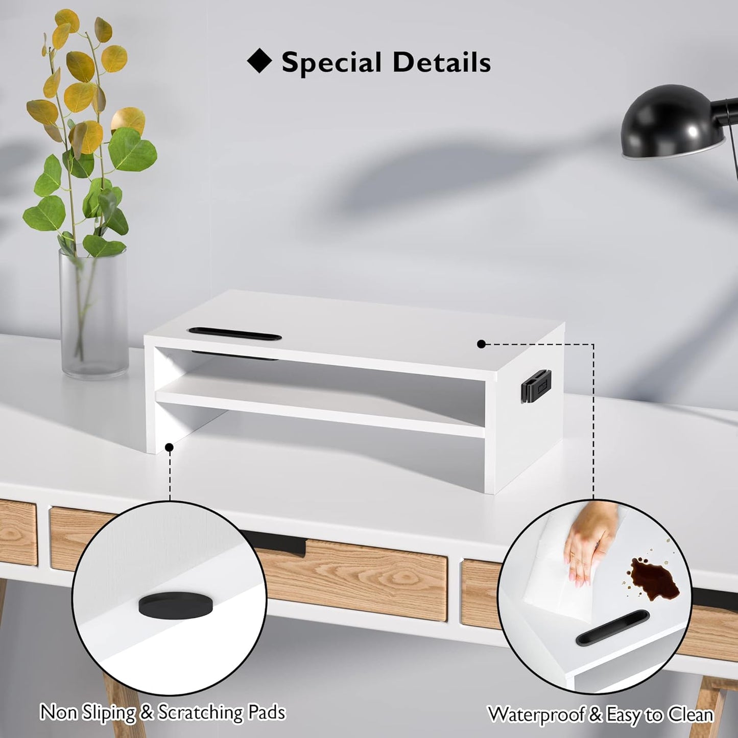 BONTEC Wooden Monitor Stand Riser, 2-Tier Desk Shelf with Storage Organizer, Ergonomic Computer Stand with Cable Management, Cellphone Holder, White, 16.5 Inch