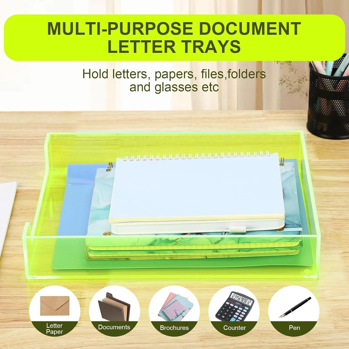 Paper Tray Acrylic File Organizer for Desk Letter Tray Desk Organizer Document Holder Sorter Storage for A4 Office Supplies Magazines, 13.8x10.6x2.4 Inches, Neon Pink