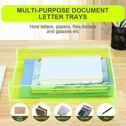 Paper Tray Acrylic File Organizer for Desk Letter Tray Desk Organizer Document Holder Sorter Storage for A4 Office Supplies Magazines, 13.8x10.6x2.4 Inches, Neon Pink