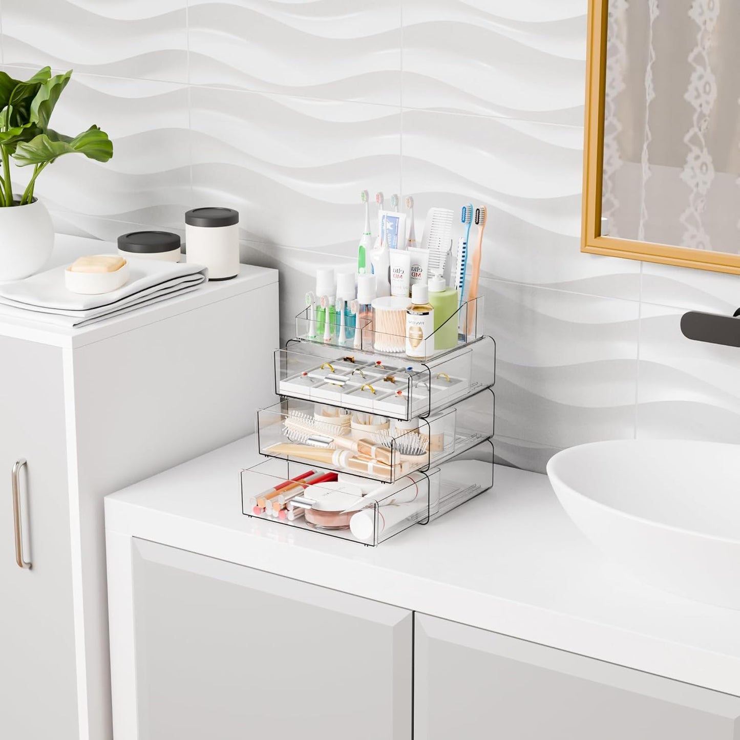Yieach Clear Acrylic Makeup Organizers Countertop for Dresser,Desk,Bathroom Vanity,3 Tier Stackable Make up Holders and Makeup Cabinet,Tiered Cosmetic Storage and Make up Containers for Palette,Brush