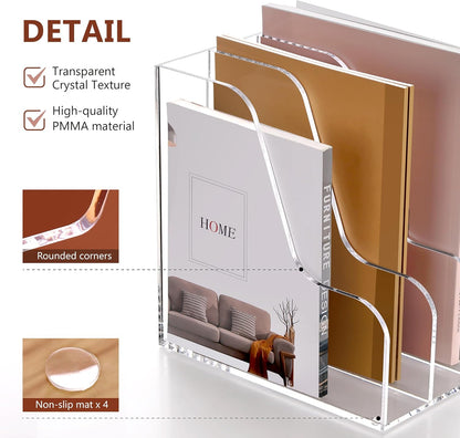 SANRUI Acrylic File Organizer, Clear Magazine File Holder Desk Organizer for Office Organization and Storage with 5 Vertical Compartments, Desktop Bookshelf for Home Office Organization