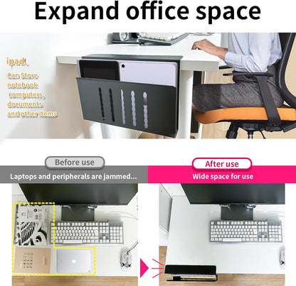 Desk Side Storage, Under Desk Storage, No Drill Steel Hanging Desk Organizer, Laptop Holder, Desk Storage Holder for Office & Home.(Black)