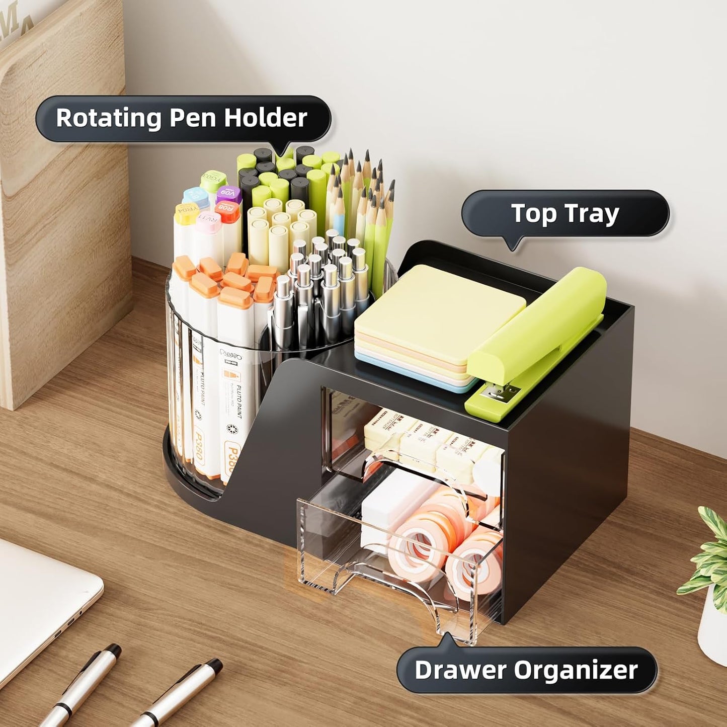 Marbrasse Desk Organizer with 2 Drawer, 360°Rotating Pen Holder, Desk Organizers and Accessories with 6 Slots Pencil Organizer + 2 Drawer, Art Supply Storage Box Caddy for Office (White)