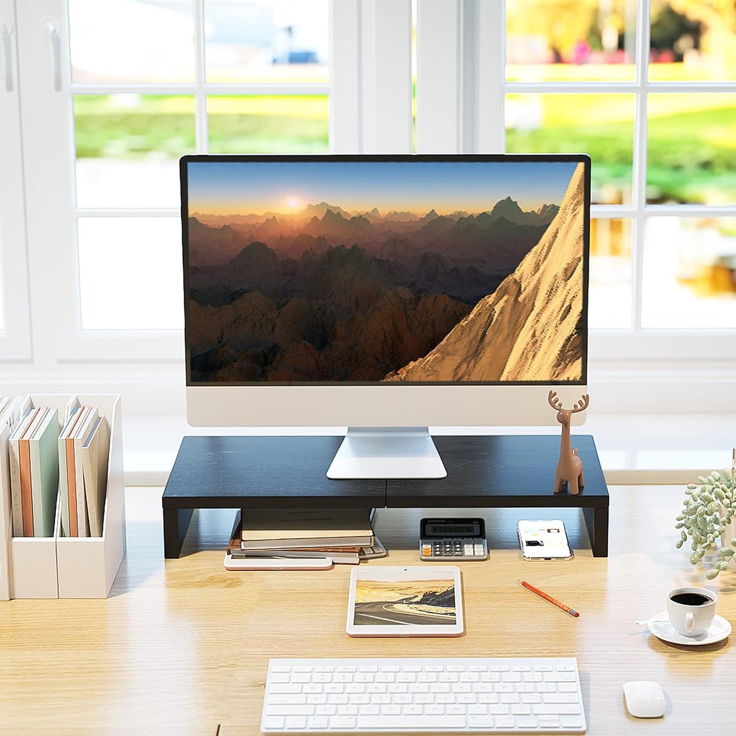 TEAMIX 20 inch White Monitor Stand Riser, Wood Desktop Stand for PC/TV/Laptop/Printer, White Monitor Riser with Storage, Computer Stand with Keyboard Organizer