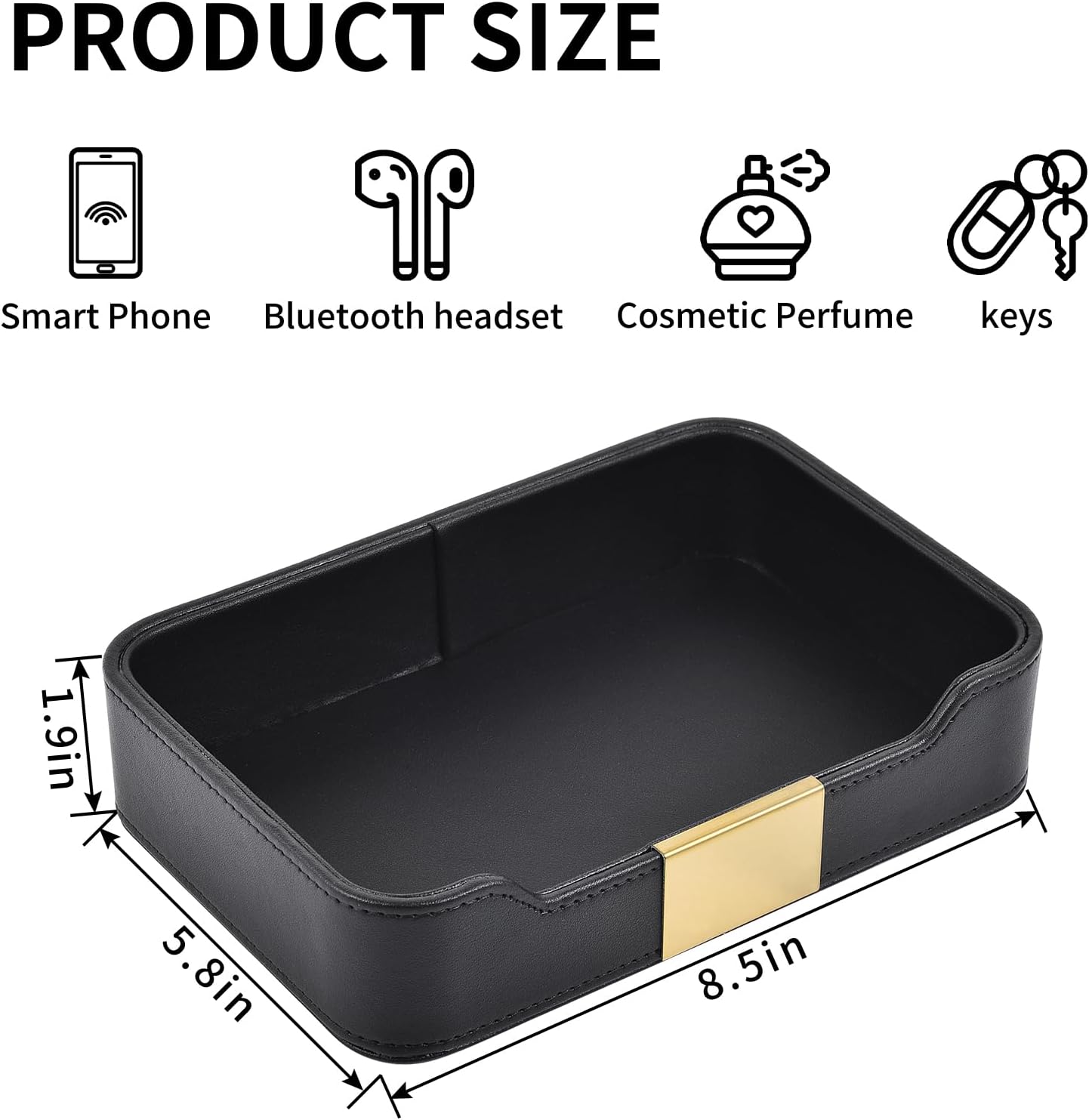 Luxury Leather Valet Tray Desktop Storage Organizer,Bedside Vanity Catchall Tray Nightstand Caddy Holder for Cosmetic,Jewelry,Watch,Keys,Phone,Wallet,Remote Controller,Pen,Black