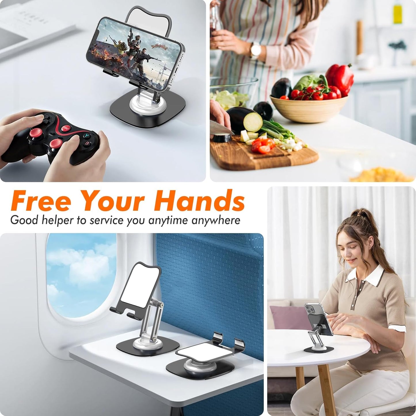 Metal Phone Stand for Desk, Adjustable Foldable Desktop Phone Holder, 360 Degree Rotating Cell Phone Stand for Recording Compatible with iPhone 17 16 15 14 13 12 11 Pro, Black
