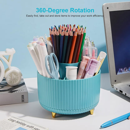 Desk Pencil Pen Holder, 5 Slots 360 Degree Rotating Pencil Pen Organizers for Desk Desktop Storage Stationery Supplies Organizer Cute Pen Cup for Office School Home Art Supply Cream Yellow