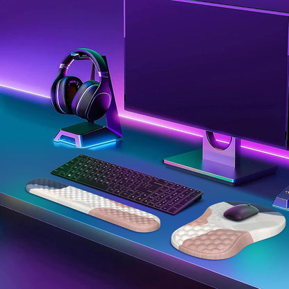 HAOCOO Keyboard Wrist Rest, Ergonomic Mouse Pad with Wrist Rest, 3 in 1 Keyboard and Mouse pad with Coaster Set, Memory Foam Wrist Support, Non-Slip PU Base for Home Office, Rose Gold Pink