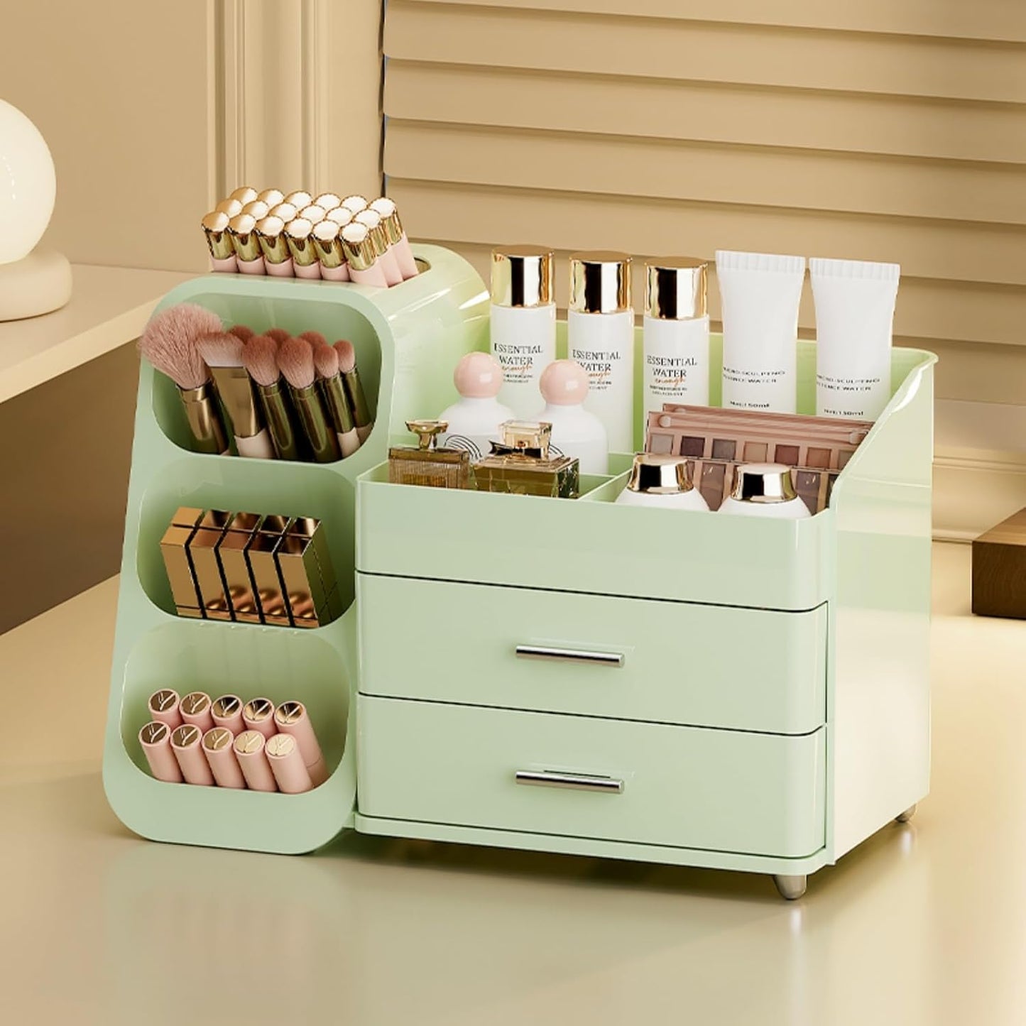 Booklov Makeup Organizer for Vanity, Countertop Cosmetic Display Case with Clear Acrylic Drawers, Bathroom Counter Beauty Caddy, Cute Table Storage Holder for Skincare, Brush Lipsticks, Crystal White