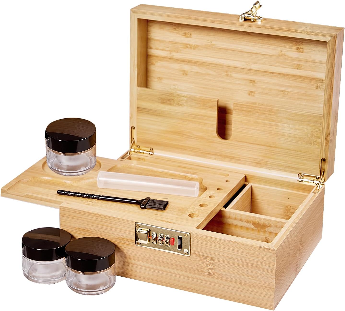 Bamboo Wood Desktop Organizer with 3 Glass Jars and Sliding Tray - Red Multi-Compartment Storage Case for Craft Supplies, Stationery, and Small Accessories (Pink)
