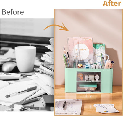 Marbrasse Pen Organizer with 2 Drawer, Multi-Functional Pencil Holder for Desk, Desk Organizers and Accessories with 5 Compartments + Drawer for Office Art Supplies (White)