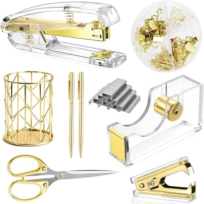 Famassi Rose Gold Desk Accessories，Office Supplies Set Acrylic Stapler Set Staple Remover, Tape Holder, 2 Ballpoint Pen, Scissor, Binder/Paper Clips and 1000pcs Staples.