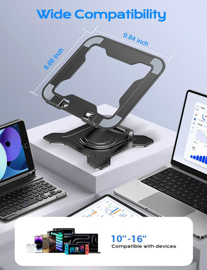 JCZT Adjustable Laptop Stand for Desk, 360° Rotating Base Ergonomic Computer Stand, Laptop Riser Foldable Protable for Office Home Fits Compatible with MacBook Pro/Air Notebook up to 10-16" Black