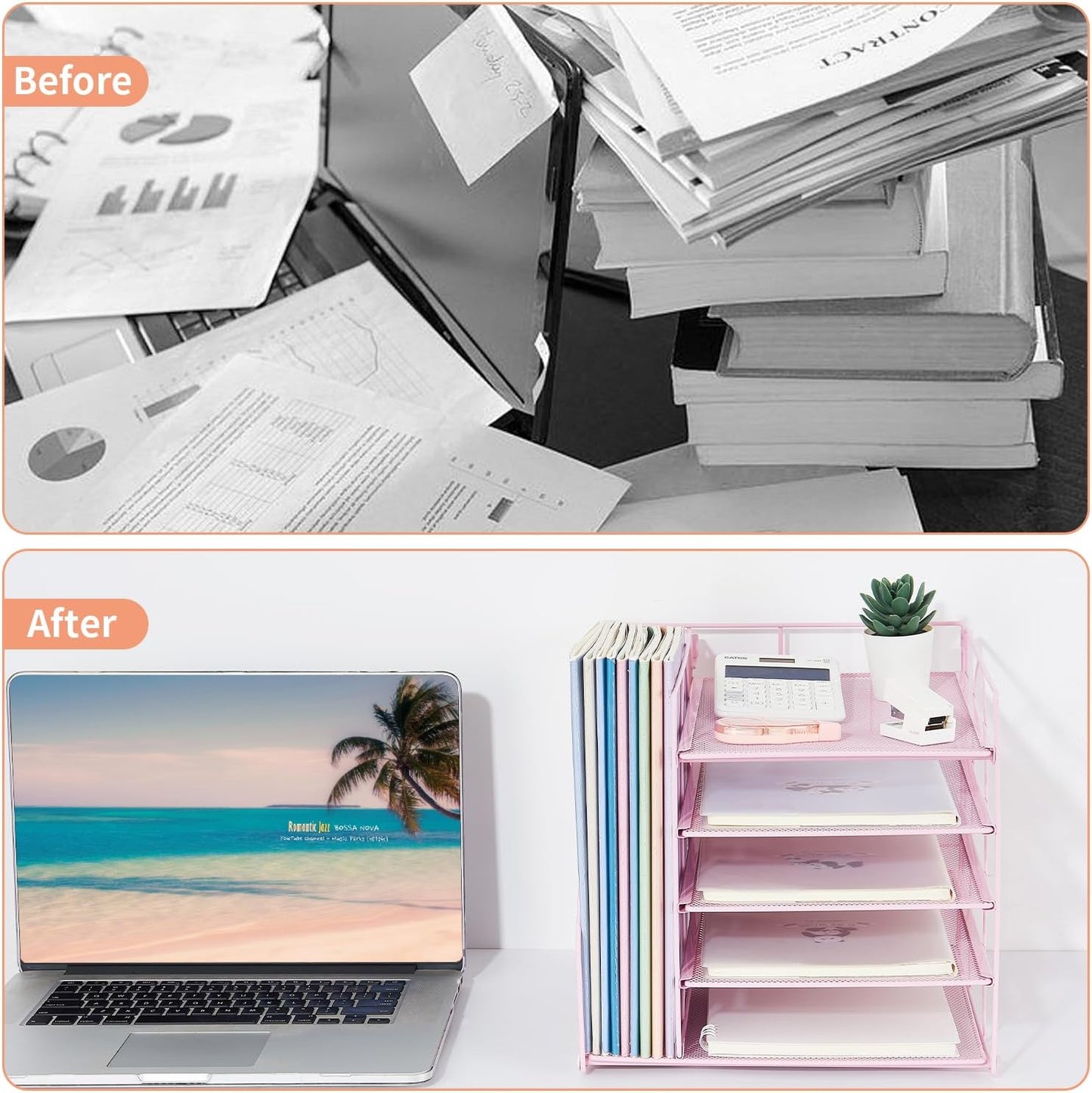 LEKETREE Desk Organizers and Accessories, 5-Tier Paper Letter Tray Organizer with File Holder, Desktop Organizer for Office Supplies (Black)