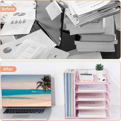 LEKETREE Desk Organizers and Accessories, 5-Tier Paper Letter Tray Organizer with File Holder, Desktop Organizer for Office Supplies (Black)