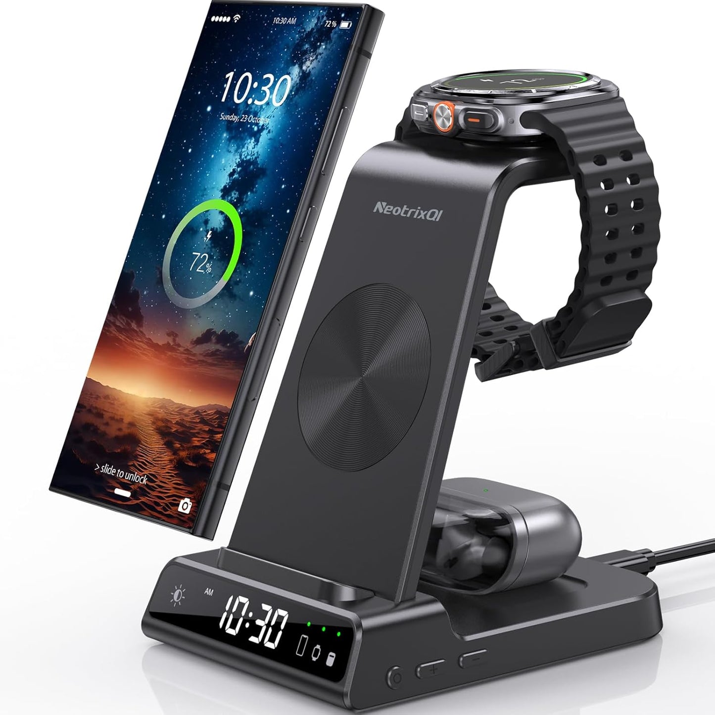 Wireless Charger for Samsung Charging Station: 3 in 1 Android Charging Stand with Dimmable Clock - Nightstand Organizer for Galaxy S25 Ultra, Galaxy Watch 8 7 6 5 4, Galaxy Buds, Space-Saving Charger