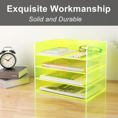 Gelite Acrylic File Organizer for Desk 4 Tiered Stackable Letter Tray Office Paper Storage Desktop Document Sorter, Neon Pink