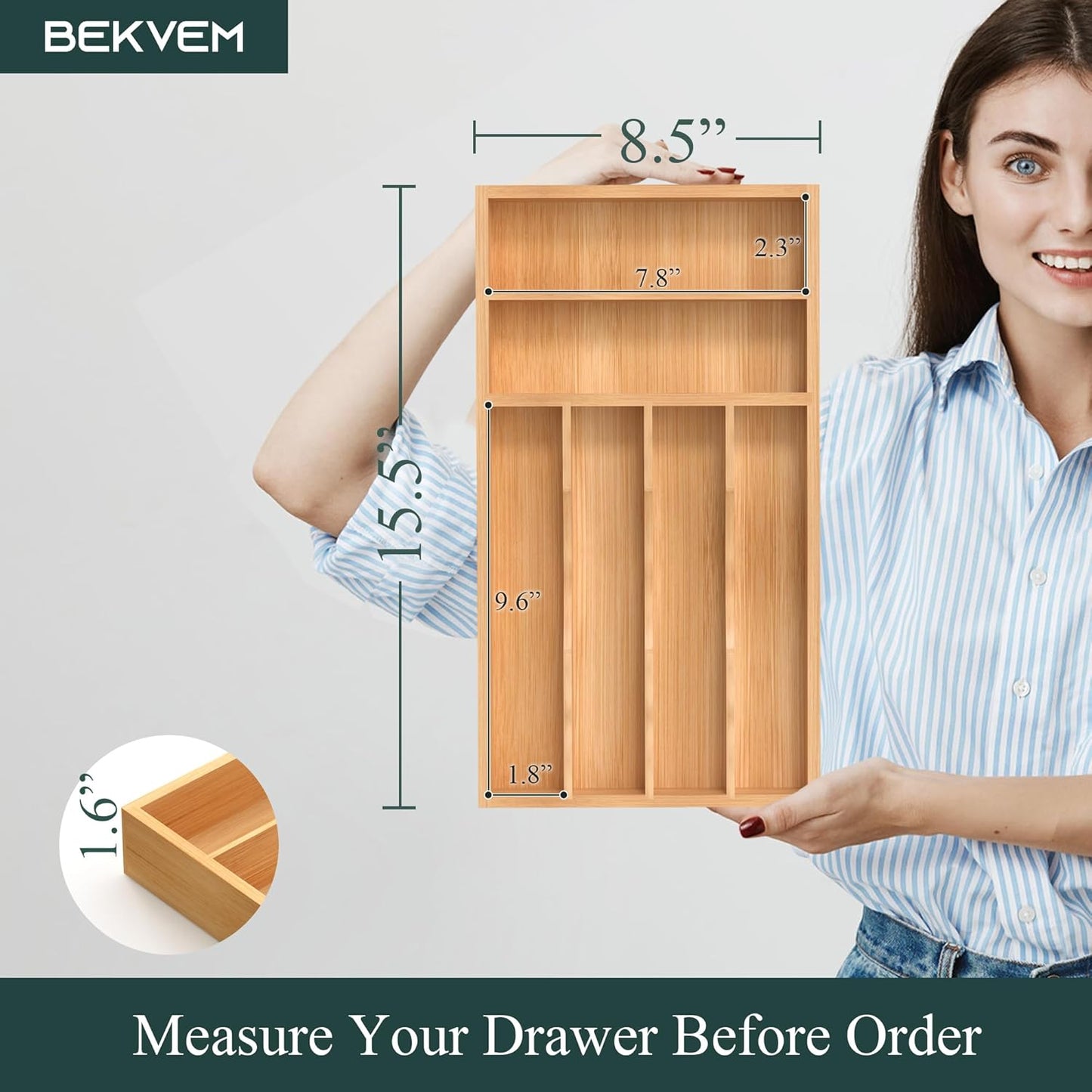 Small Silverware Organizer, Bamboo Kitchen Drawer Organizer, Utensil Holder, Cutlery Tray & Spoon Flatware Storage with Grooved Drawer Dividers (6.7''W x 12''D)