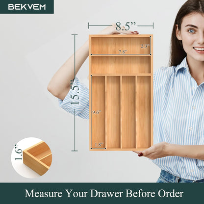 Small Silverware Organizer, Bamboo Kitchen Drawer Organizer, Utensil Holder, Cutlery Tray & Spoon Flatware Storage with Grooved Drawer Dividers (6.7''W x 12''D)