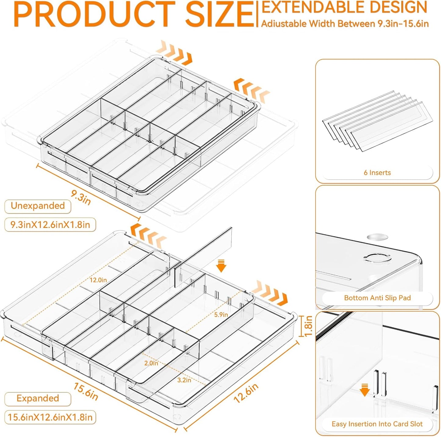 Yieach Large Expandable Desk Drawer Organizer Tray for Office Supplies and Accessories With 12 Adjustable Compartments,Office Drawer Organizers for Pencil,Pen and Kitchen Junk Drawer Organizer,Clear