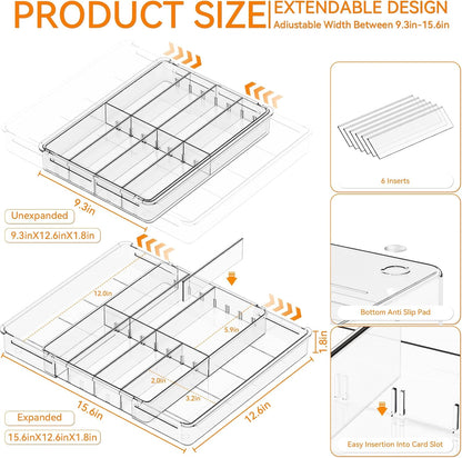 Yieach Large Expandable Desk Drawer Organizer Tray for Office Supplies and Accessories With 12 Adjustable Compartments,Office Drawer Organizers for Pencil,Pen and Kitchen Junk Drawer Organizer,Clear
