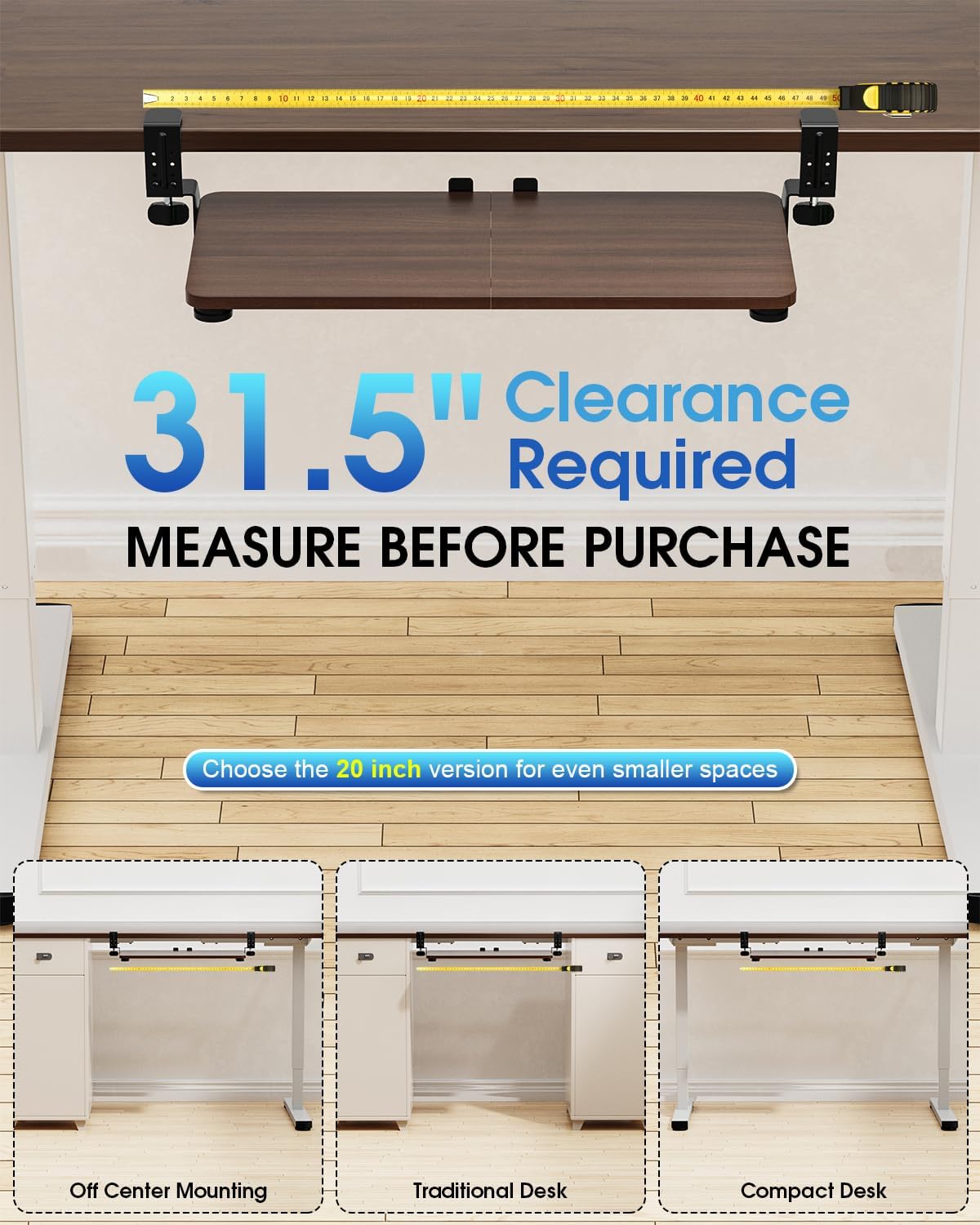 Large Keyboard Tray Under Desk, Pull Out Keyboard & Mouse Tray with Adjustable C-clamp, 25.6(31.5 Including Clamps) x 11.8 Inch Slide Out Computer Keyboard Drawer Mouse Tray for Typing, Brown