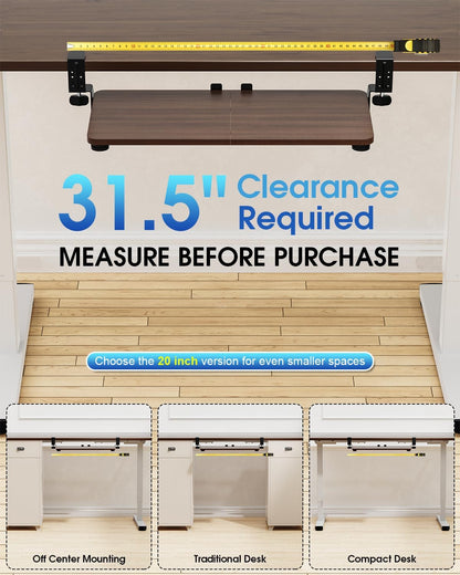 Large Keyboard Tray Under Desk, Pull Out Keyboard & Mouse Tray with Adjustable C-clamp, 25.6(31.5 Including Clamps) x 11.8 Inch Slide Out Computer Keyboard Drawer Mouse Tray for Typing, Brown