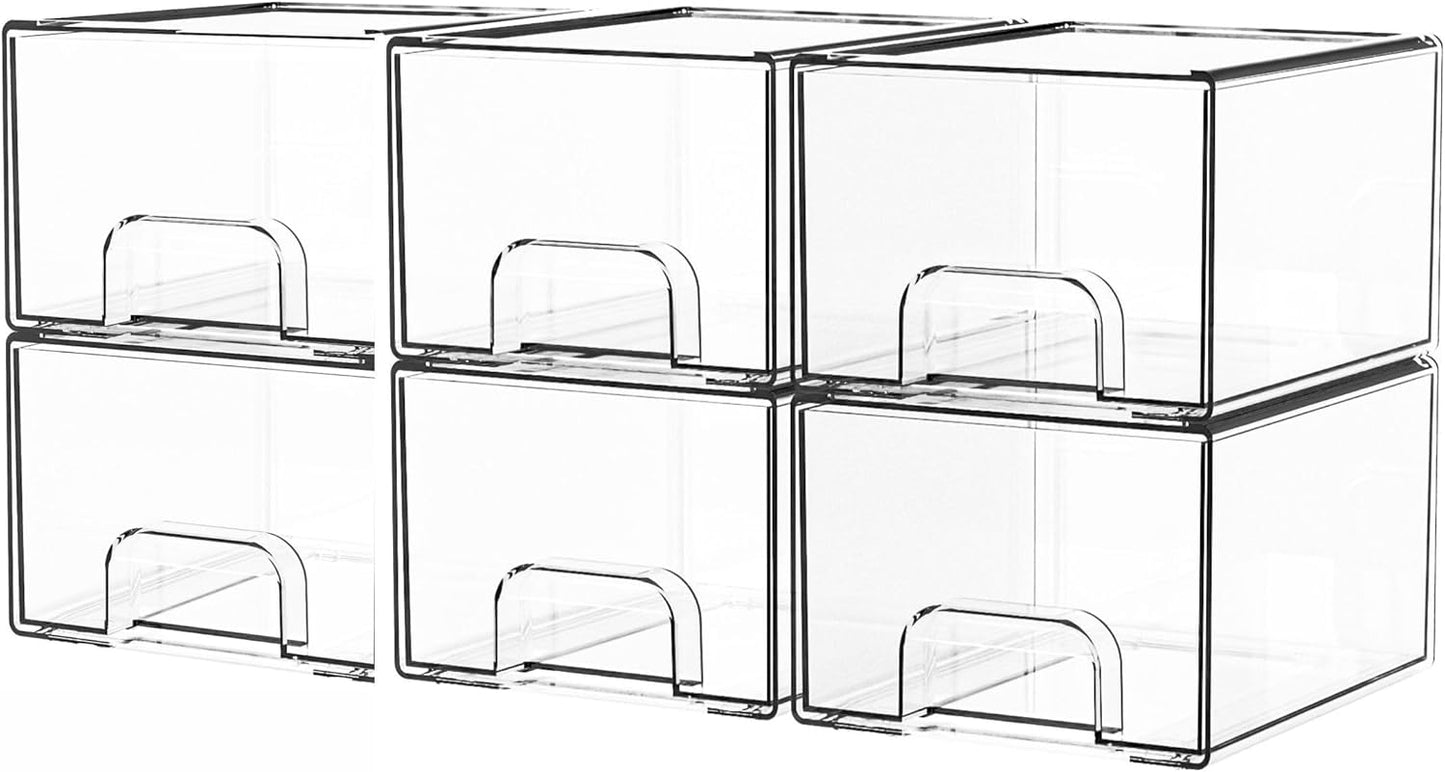 Yieach 4 Pack Clear Stackable Storage Drawers,4.4'' Tall Acrylic Drawer Containers for Organizing,Bathroom Organizers and Storage Bin Box,Plastic Makeup,Medicine Organizer Bins for Cabinet,Undersink