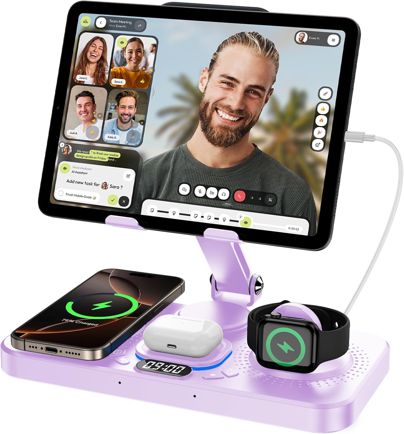 6 in 1 Wireless Charger for Apple Device, 30W Foldable Wired Charging for ipad with Clock & 7 Color Ambient Light, Nightstand Charger Station for iPhone 17/16/15/iWatch Series/AirPods 4/Pro 3(Purple)