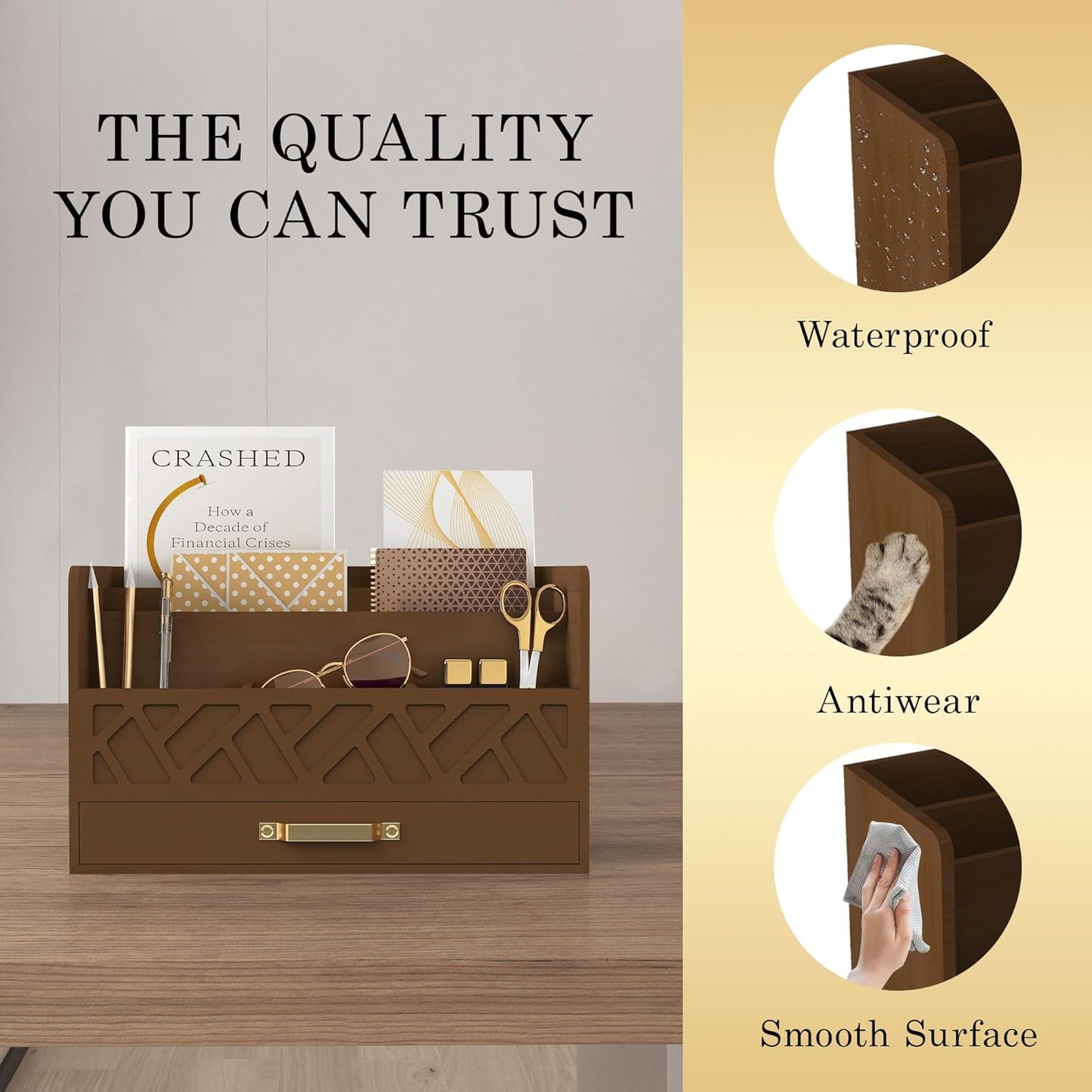 WISUCART Bamboo Desk Organizer Mail Holder Countertop Wood Desk Drawer Tabletop Storage Box Pen Holder Letter Sorter Makeup Organizer for School Home Office Supplies with Pen Holder White