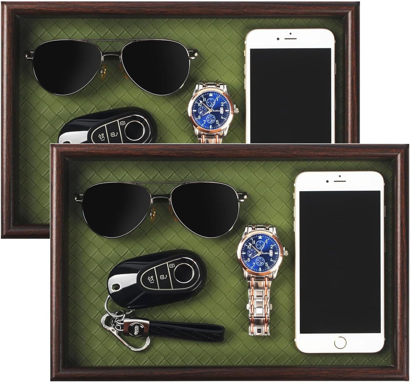 Zosenley Wooden Valet Tray with Leather Base - Nightstand Catchall Organizer for Cologne, Perfume, Keys, Wallet, Phone, Watch, Jewelry & Sunglasses (Black)