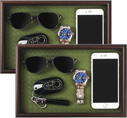 Zosenley Wooden Valet Tray with Leather Base - Nightstand Catchall Organizer for Cologne, Perfume, Keys, Wallet, Phone, Watch, Jewelry & Sunglasses (Black)