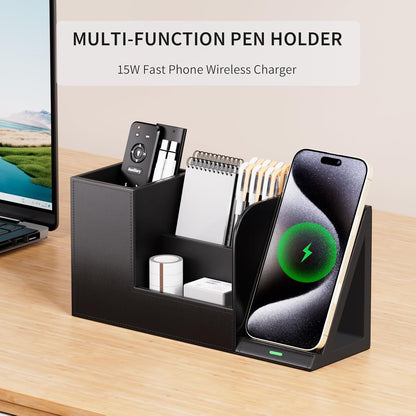 Multi-Functional Pencil Holder for Desk, Desk Organizers and Accessories with 4 Compartments for Office Art Supplies,Desk Phone Stand Charger for Desktop/Counter,Wihte Office Storage for Pens, Keys