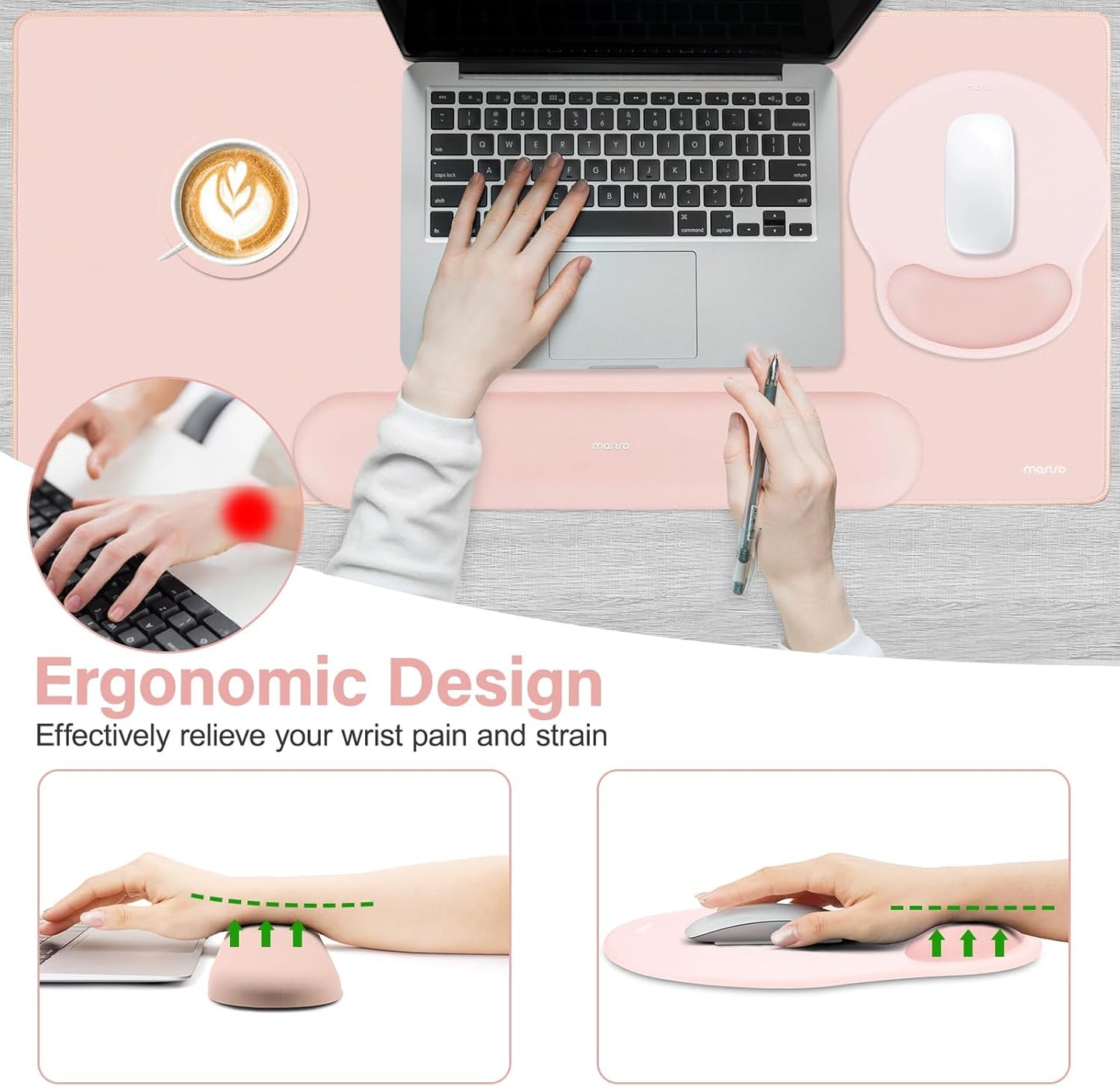 MOSISO Wrist Rest for Keyboard Mouse Pad Set, Large Gaming Deskpad&Circle Curved Mousepad&Keyboard Wrist Rest&Coaster, Ergonomic Non-Slip Mousepad&Easy Typing Pad with Silicone Lining, Apricot