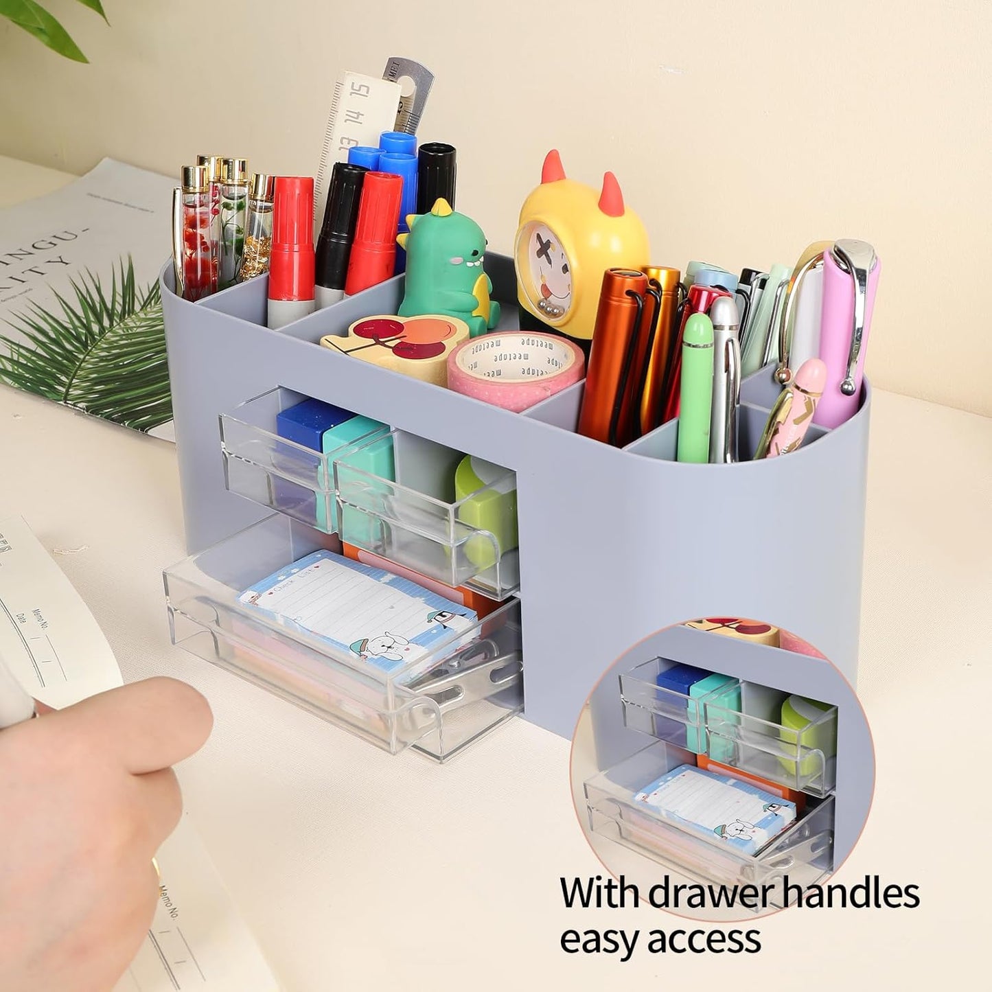 INSTOME Pencil Pen Holder for Desk with 3 Drawers - All-In-One Desk Organizer - Perfect Desk Accessories for Office Use - Stylish & Convenient Desk Organizers and Accessories (Beige)