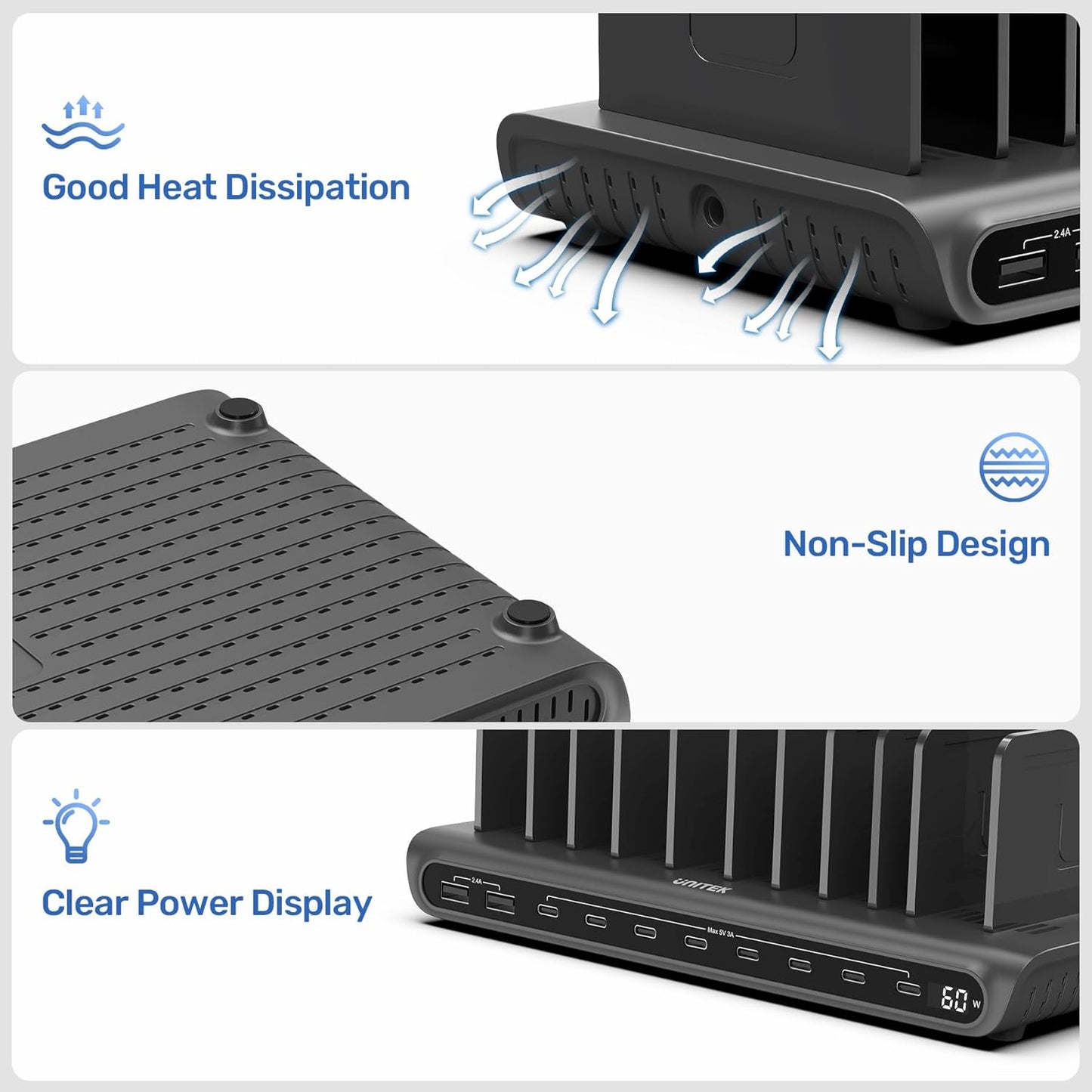 Unitek 10-Port Desktop Charging Dock Ultimate Charging Station for Multiple Devices, iPhones & Apple Products High-Speed USB Hub with LED Display for Office, Kitchen Counter, Desk Organizer