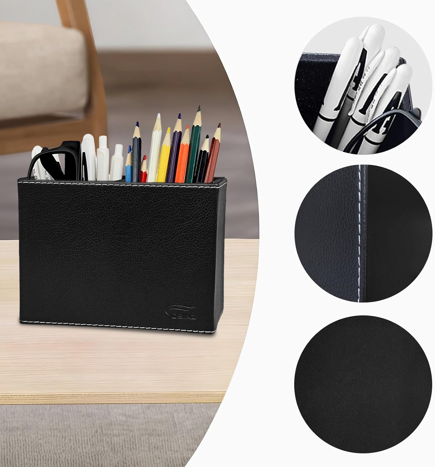 Leather Pen Holder, Brown Pencil Holder, Desktop Elegant Pen Holder for Desk, Stationery Organizer for School Office Home Dorm (3.3" x 3.3" x 4", Brown)