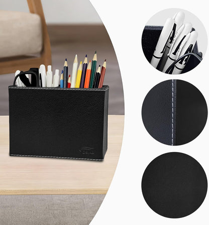 Leather Pen Holder, Brown Pencil Holder, Desktop Elegant Pen Holder for Desk, Stationery Organizer for School Office Home Dorm (3.3" x 3.3" x 4", Brown)
