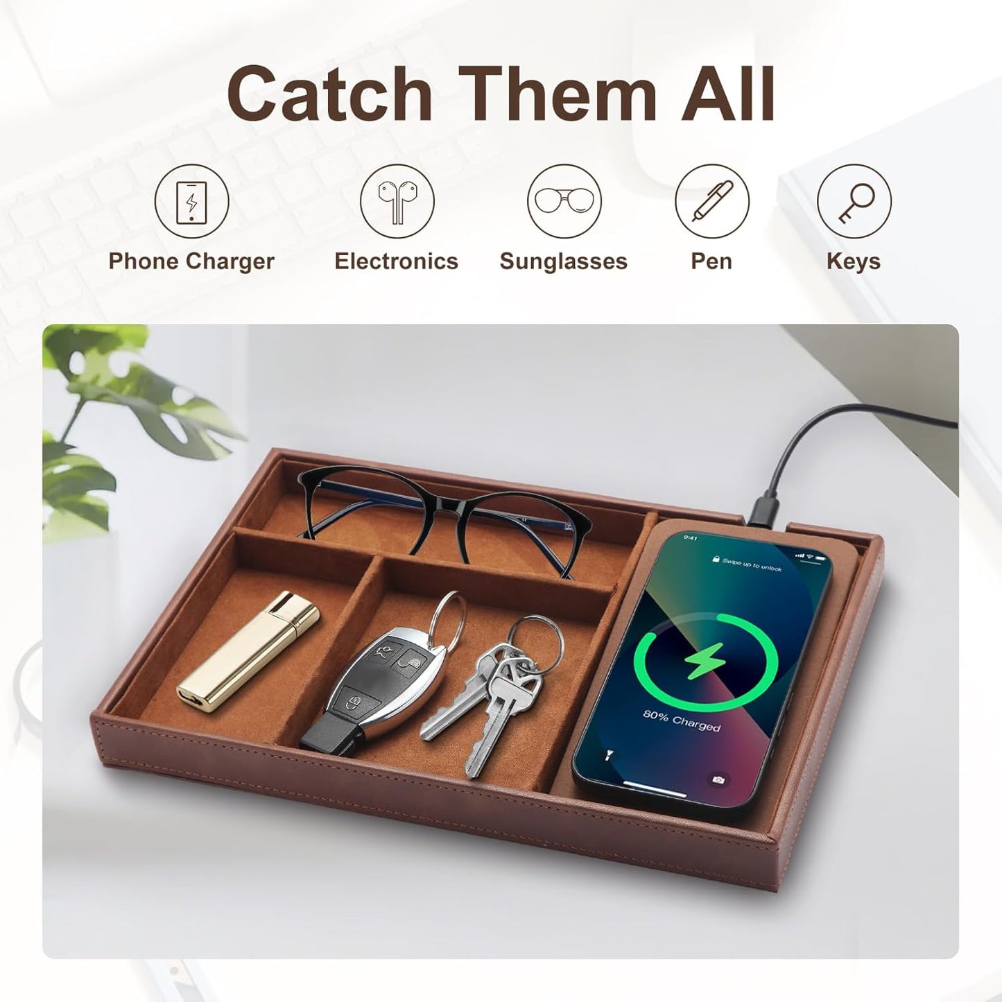 TopMade Valet Tray with Wireless Charging Pad Nightstand Organizer, Leather Desktop Storage Dresser Organizer Charging Station, Jewelry Box Catchall Bedside Vanity Tray for Men Women(Brown)