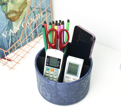 Hennaja Round Leather Art Supply Organizer,Remote Control Holder,360 Degree Rotating,Multi-Functional Pencil Holder,4 Compartments Desktop Stationary Organizer(1-Blue Bird) - Colors B